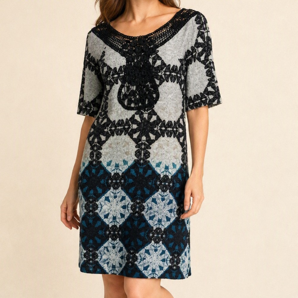 Angie Women's Boho Crochet Lace Sweater Dress Black Gray Teal Short Sleeve S